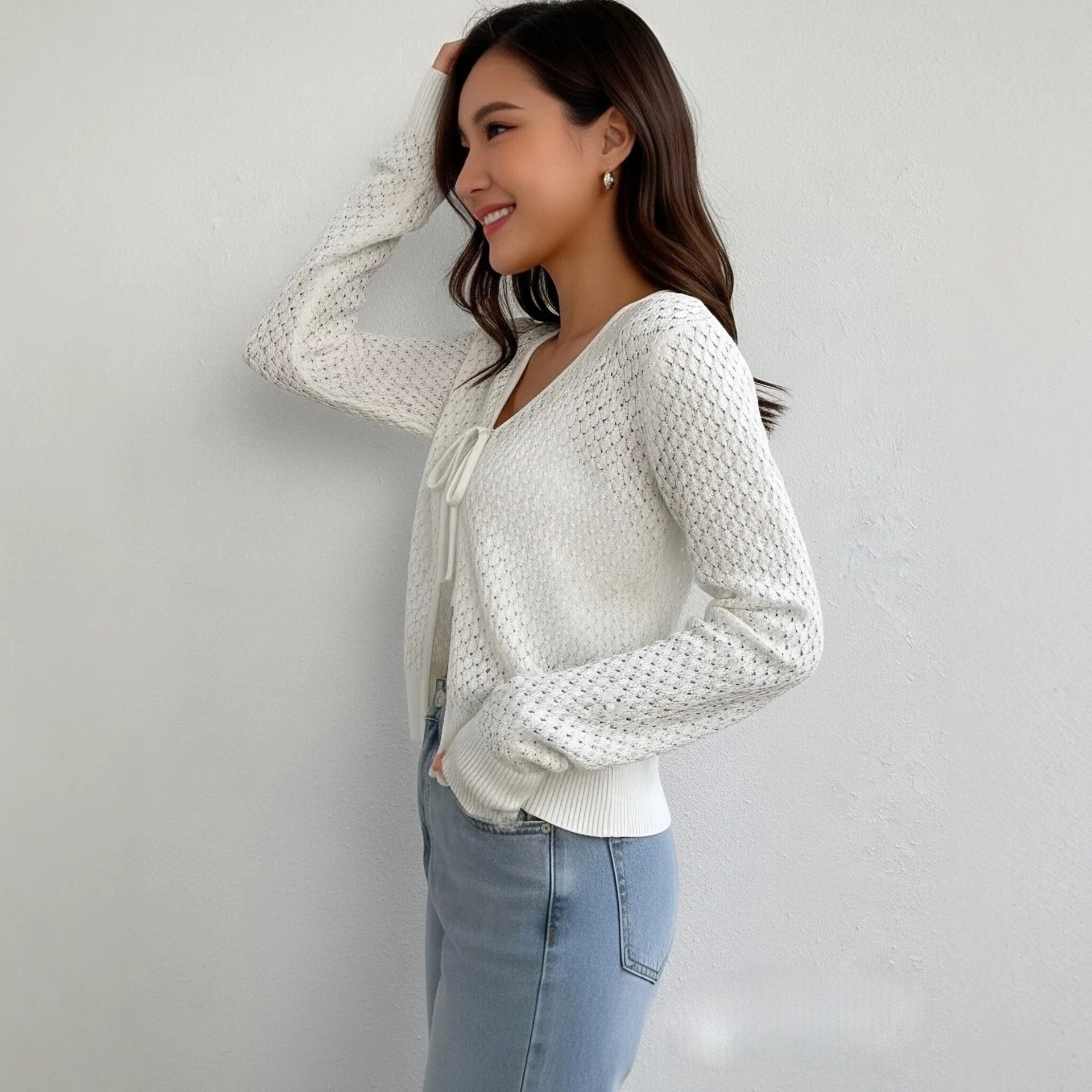 Women's Lazy Style Openwork Knit Cardigan Long Sleeve Lightweight Cover-Up