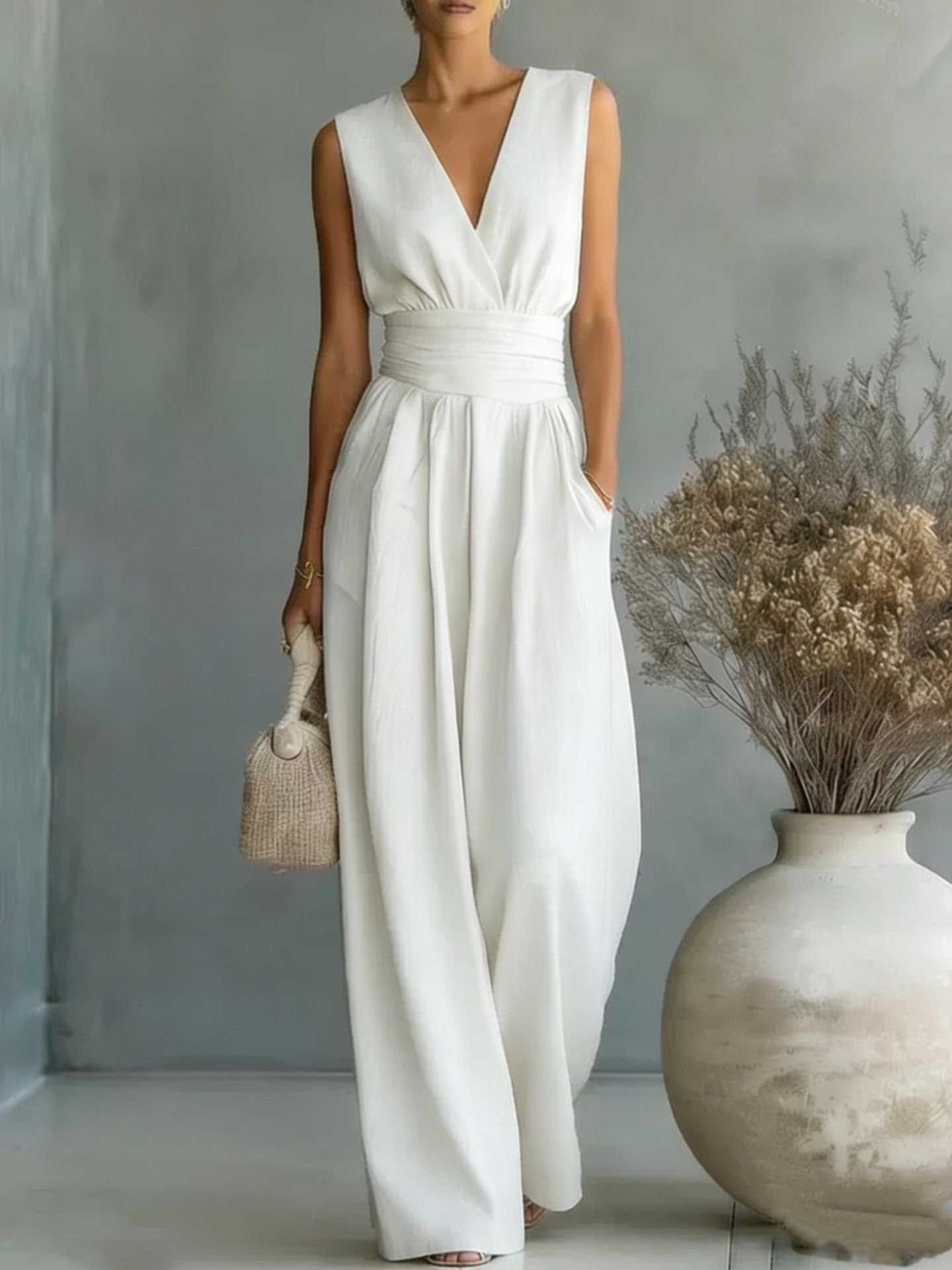 Elegant Sleeveless V-Neck Cinched Waist Jumpsuit