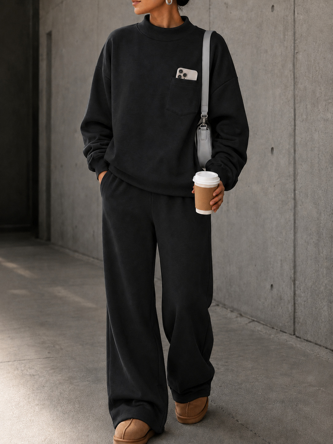 Women's Loose Stand Collar Sweatshirt & Wide-Leg Pants Set Solid Color Casual Sportswear
