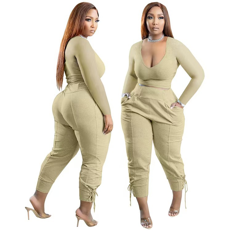 Women's V-Neck Tie-Strap Long Pants Casual Set
