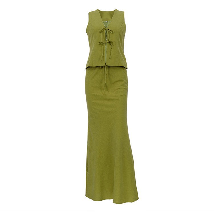 Cotton-Linen Tie-Front Tank Top and High-Waist Fitted Midi Skirt Two-Piece Set