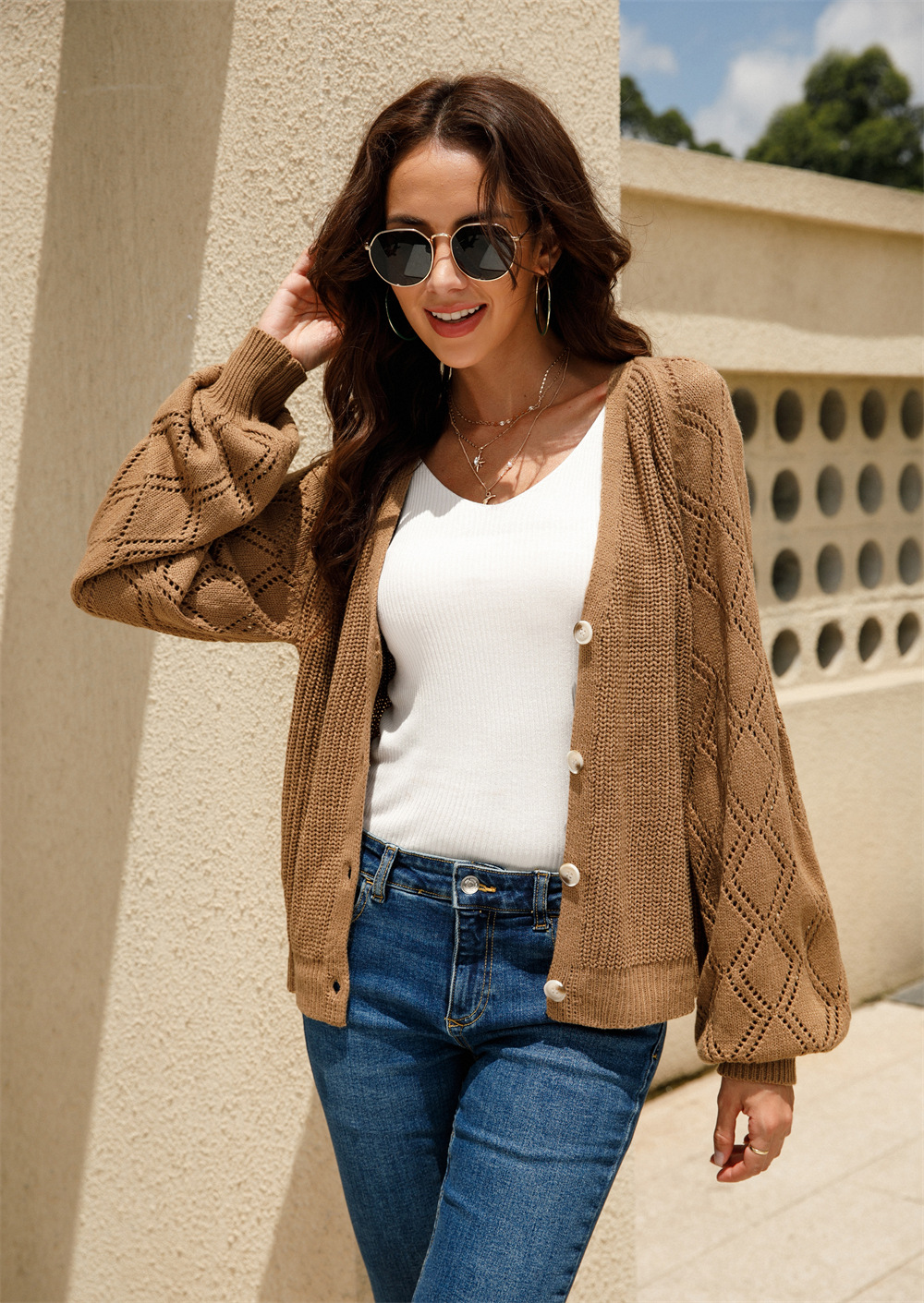 Women's Openwork Crochet Cardigan Button-Down Knit Sweater