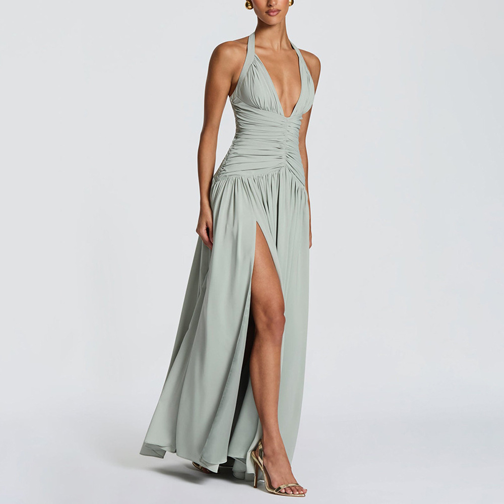 Women's Summer Halter Deep V Open Back Pleated Waist Mermaid Evening Dress