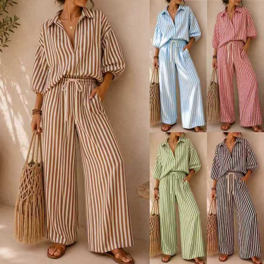 Striped Long Sleeve Shirt and Loose Pants Two-Piece Set