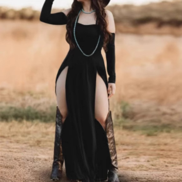 Women's Vintage Sleeveless Halter Long Sleeve Dress Solid Color Backless Slit Long Gown