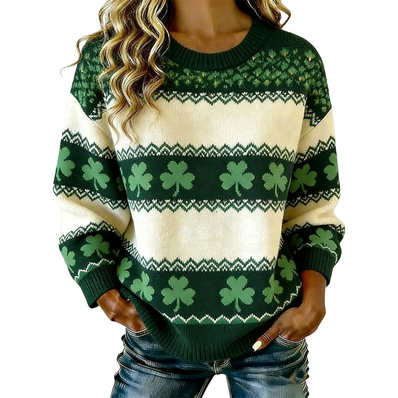 Women's Clover Print Crewneck Sweatshirt Casual Pullover