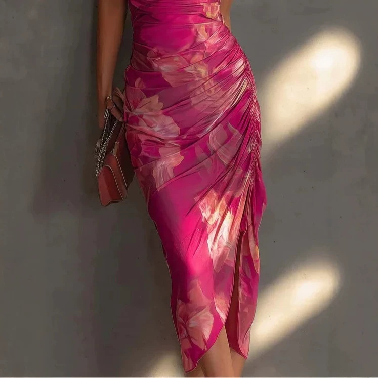Women's Halter Neck Open Back Floral Print High Slit Midi Dress