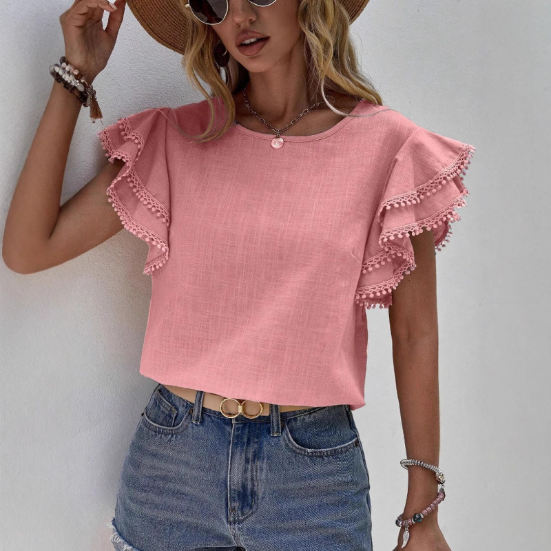 Women's Casual Round Neck Ruffle Sleeve Loose Blouse
