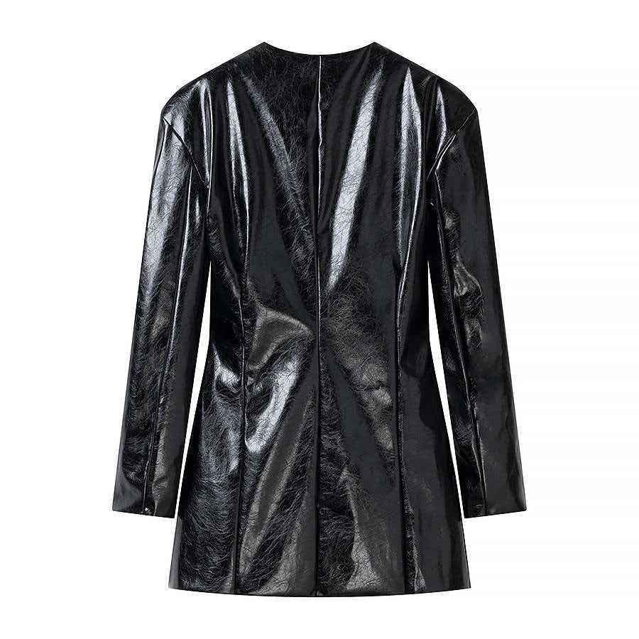 Gold-Button Waist-Cinched Faux Leather Jacket and Bodycon Mini Skirt Set