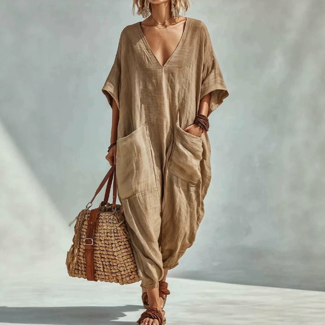 Loose Multi-Pocket Jogger Harem Jumpsuit with V-Neck