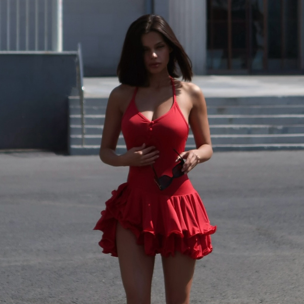 Women's Halter Ruffle Bodycon Mini Dress with Button Front