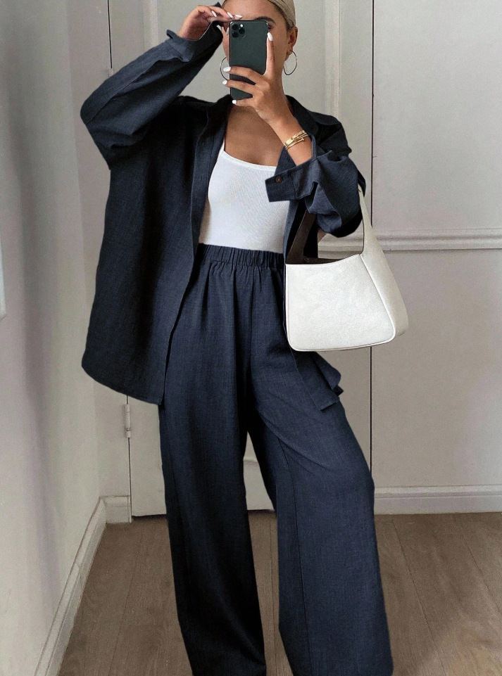 Casual Cotton-Linen Long-Sleeve Shirt and Pants Two-Piece Set
