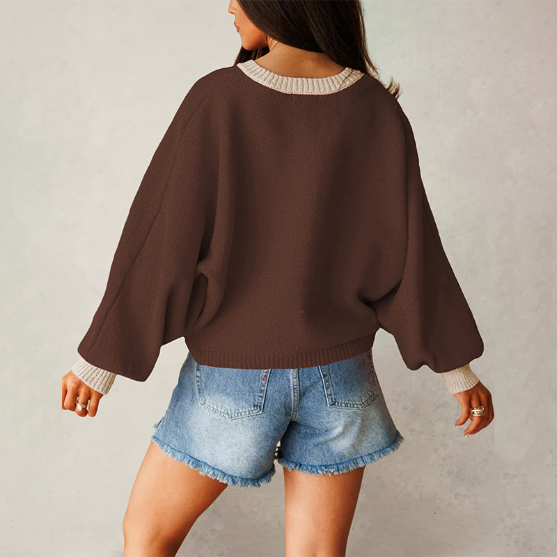 Women's Loose Knit Cardigan Color-Block Long Sleeve