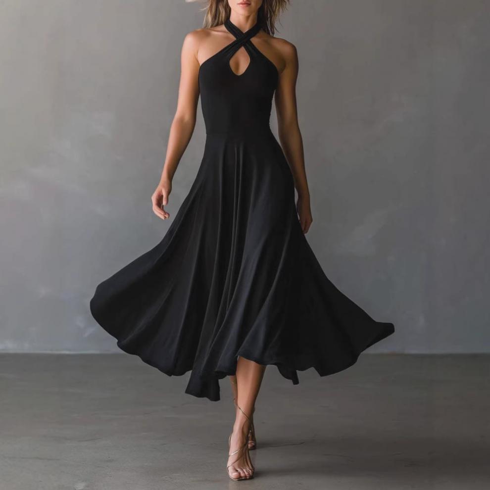 Black Keyhole Backless Halter Neck A-Line Maxi Dress