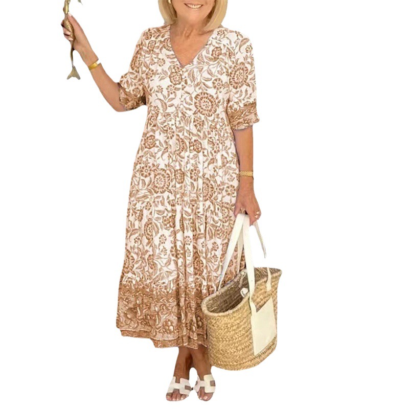 Women's Plus Size Floral Tie-Dye Print Loose Midi Dress V-Neck Half Sleeve