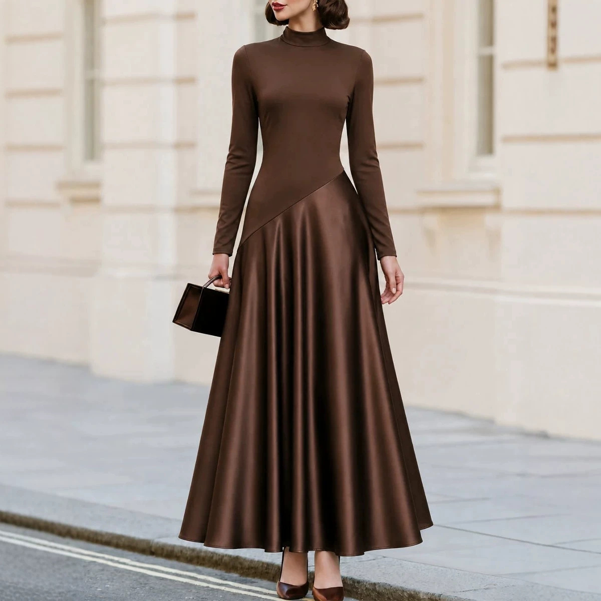 Brown Satin Paneled Long Sleeve Mock Neck High Waist Maxi Dress