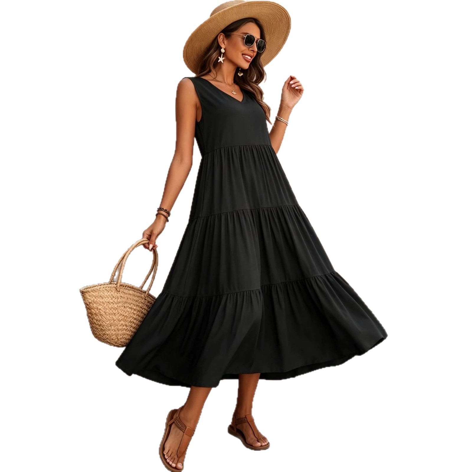 Elegant Solid V-Neck Tiered Ruffle Sleeveless Maxi Dress