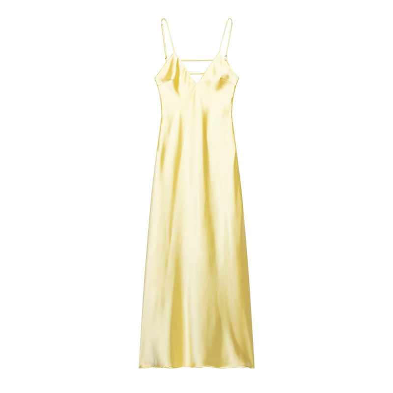 Satin-Feel Midi Dress with Two-Tone Colorblock Design