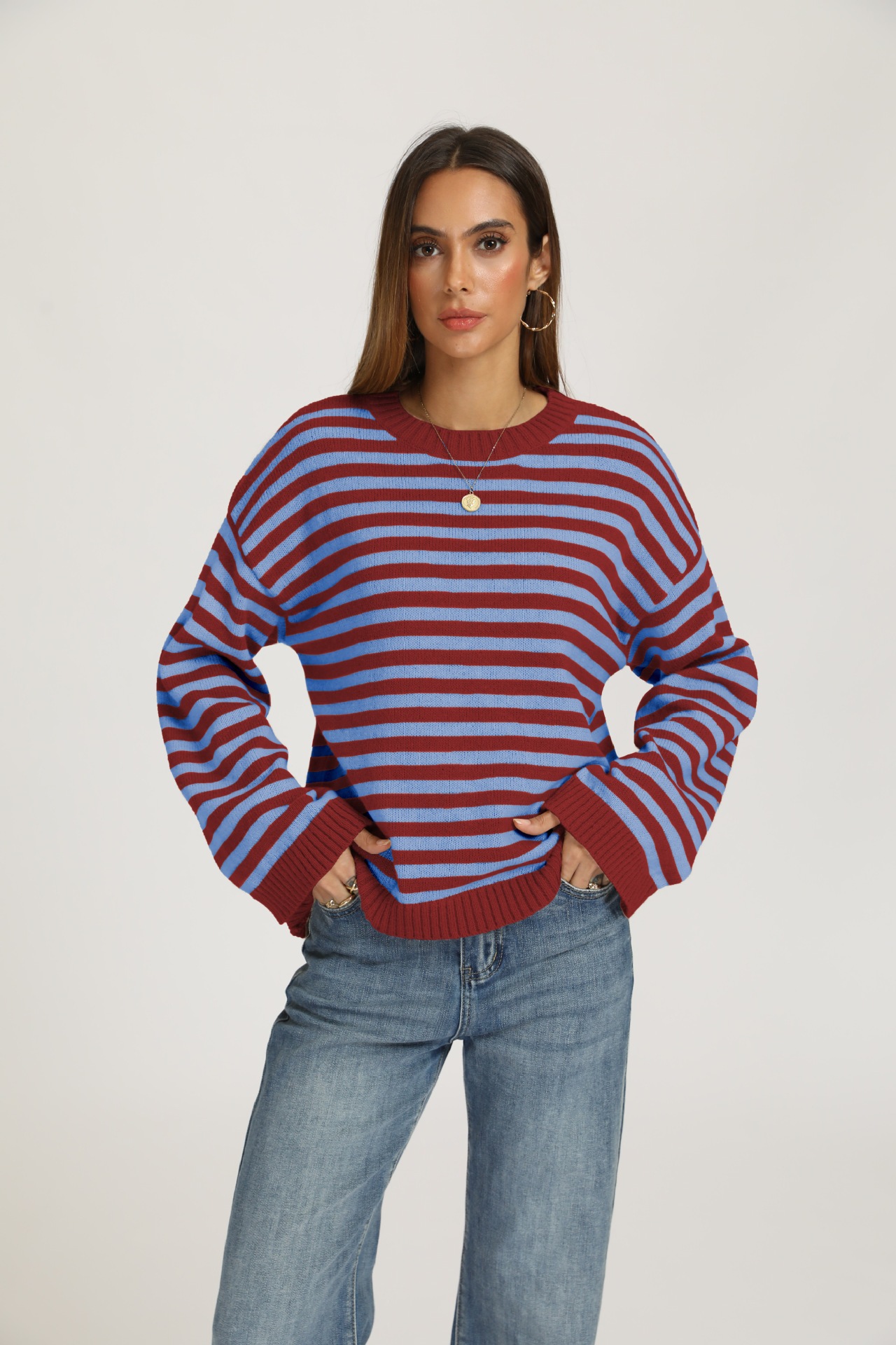Striped Crewneck Pullover Sweater Loose Knit Top