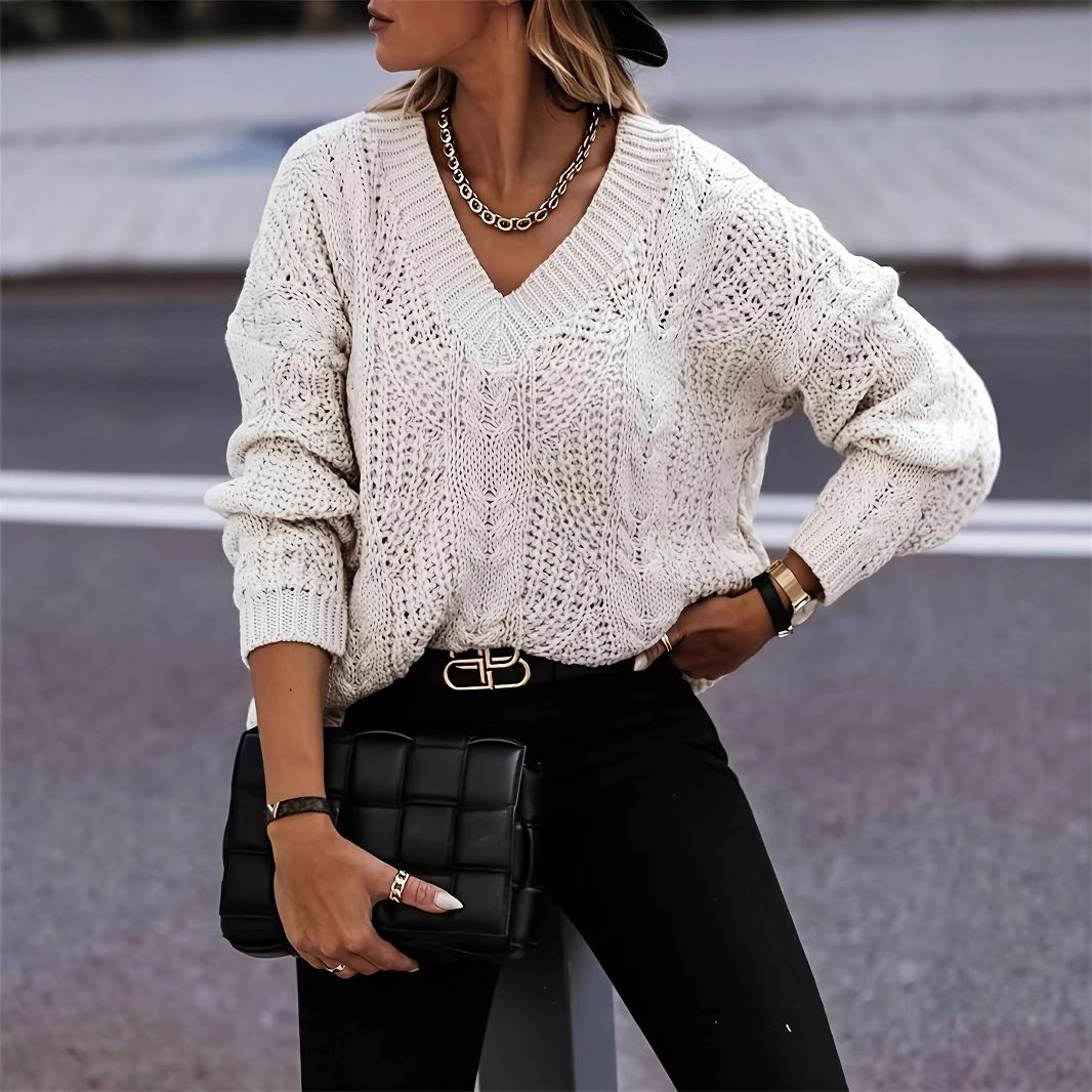 Women's Casual Open-Knit V-Neck Long-Sleeve Sweater