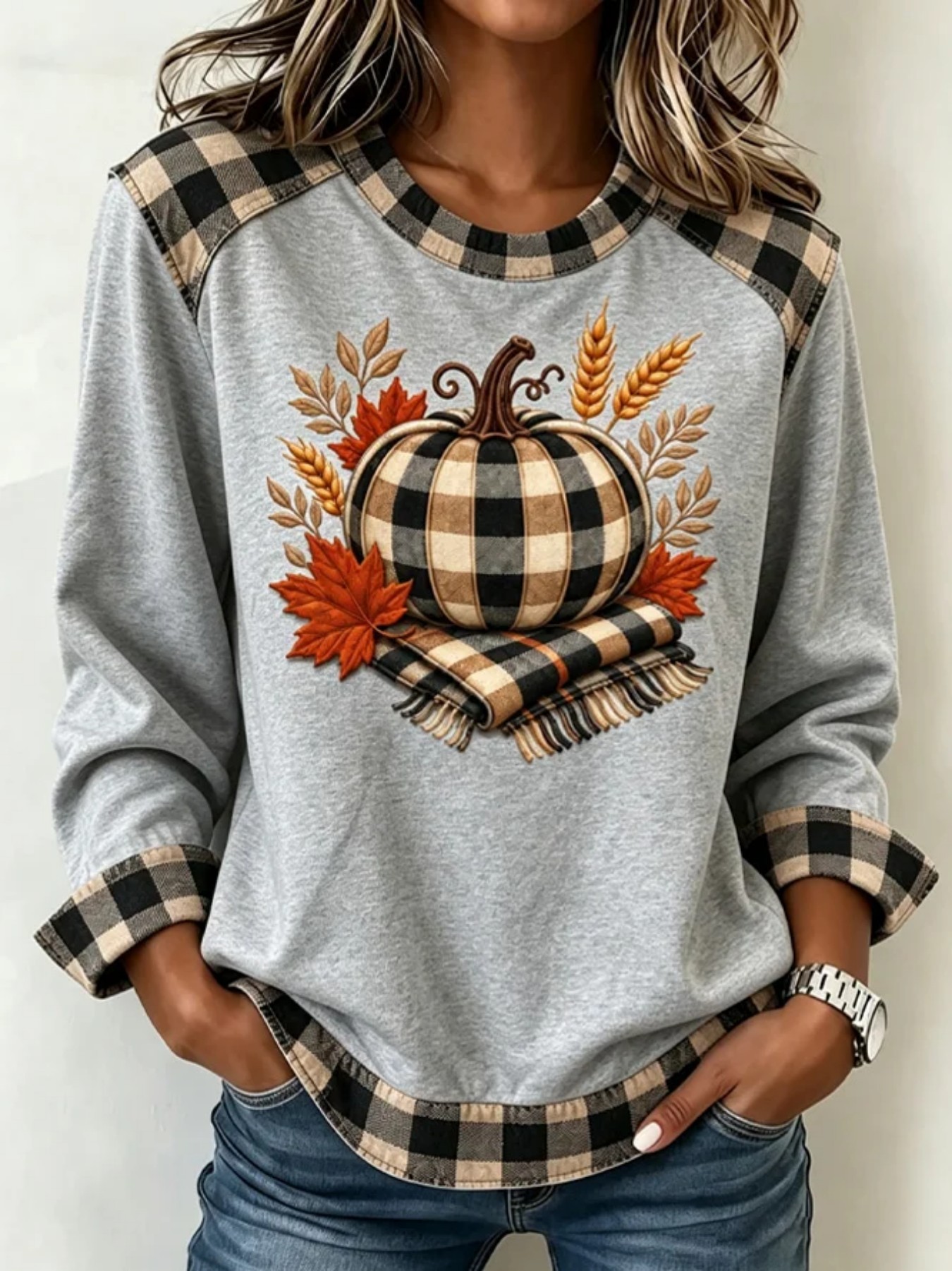 Pumpkin Maple Leaf Plaid Print Crewneck Long Sleeve Pullover Sweatshirt