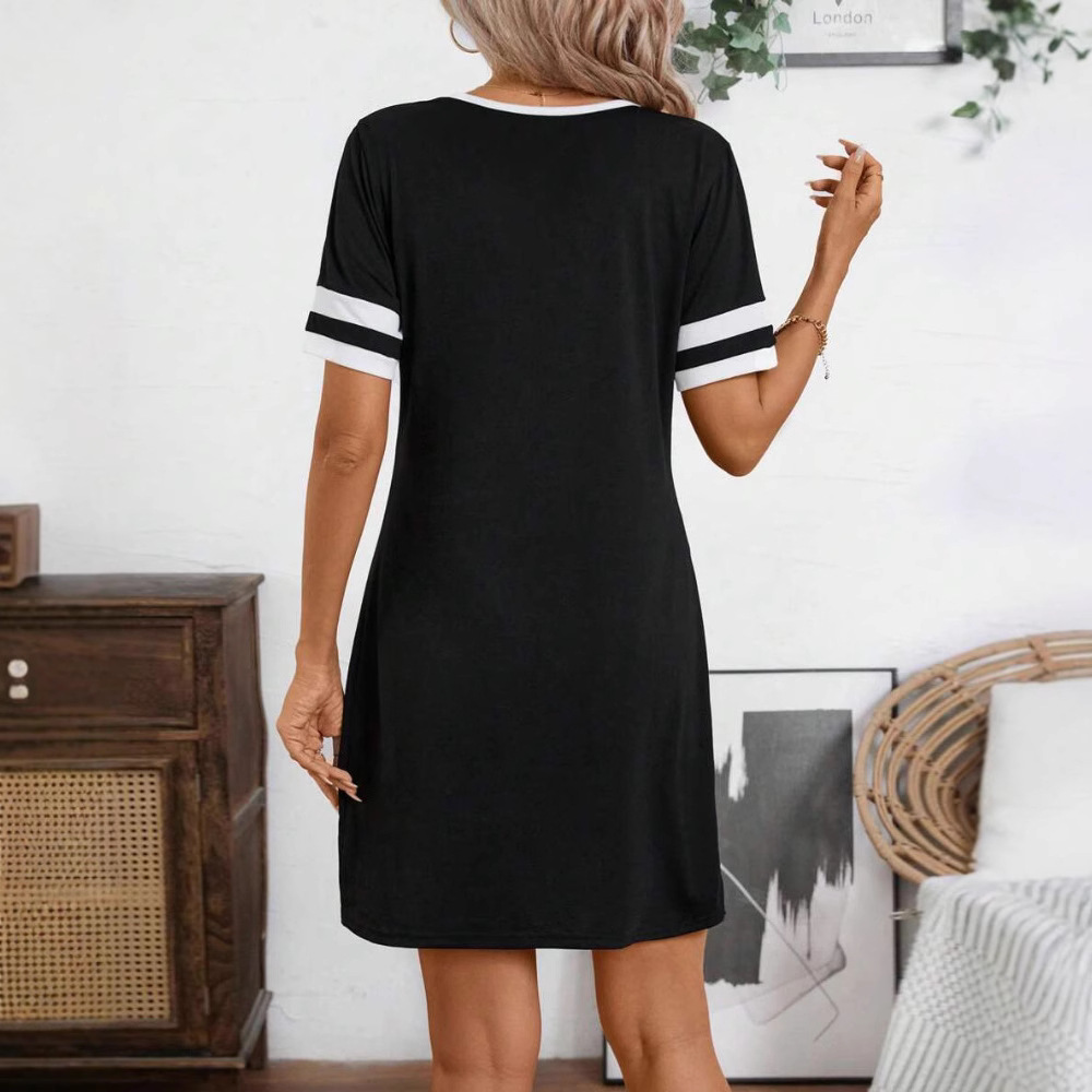 Women's V-Neck Half-Zip Colorblock Slim Fit Dress Short Sleeve