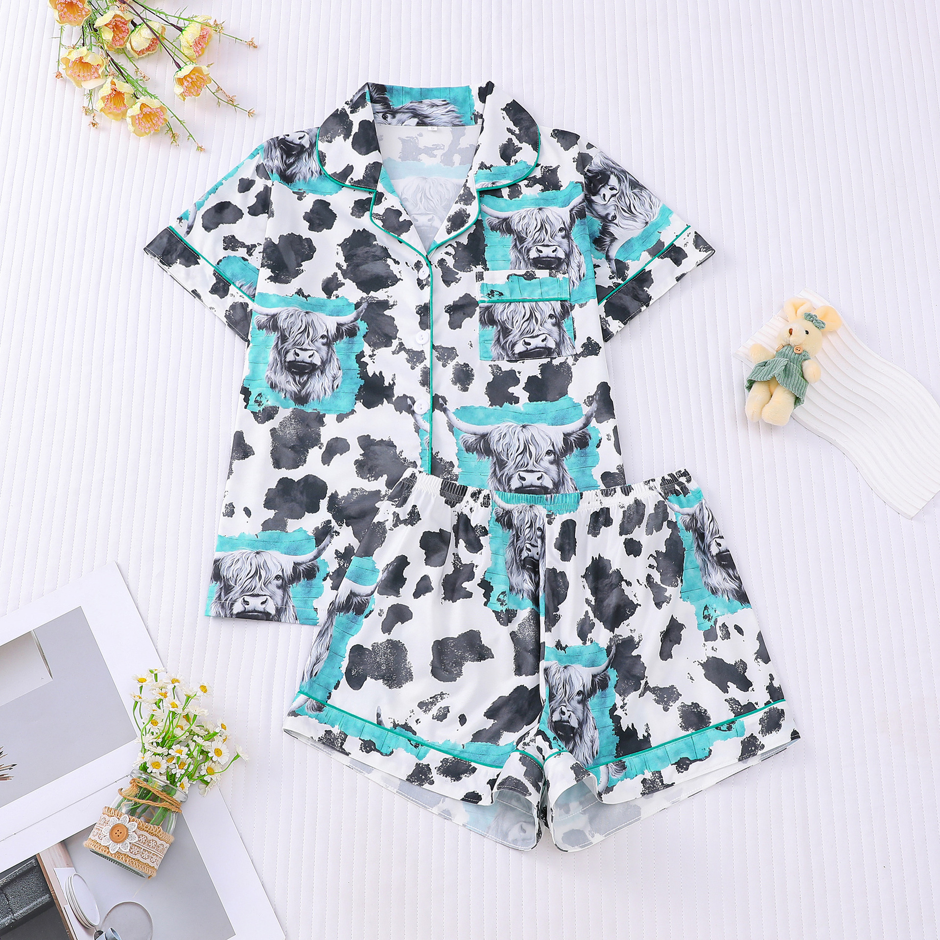 Women's Cuban Collar Polka Dot Short Sleeve Shirt Set Casual Summer