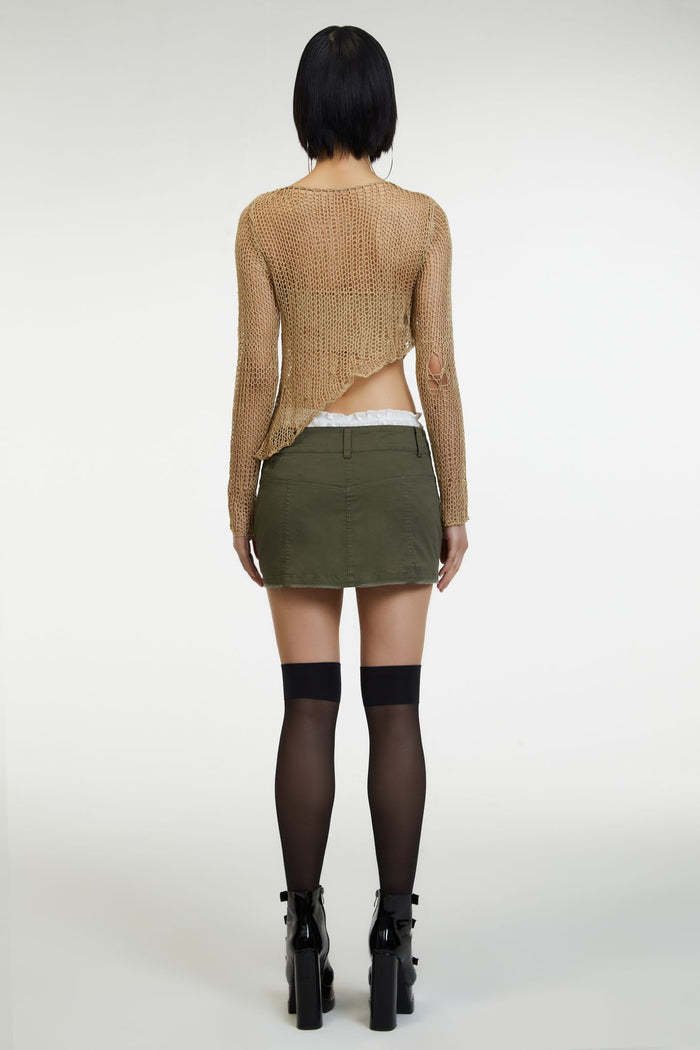 Women's Sheer Long Sleeve Crop Knit Top with Round Neck and Asymmetrical Cutout