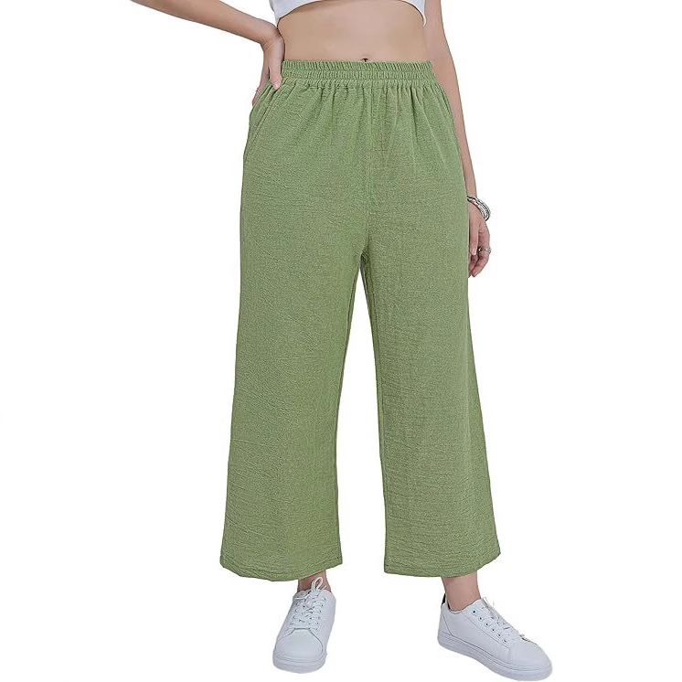 Women's Cotton-Linen Wide-Leg Capri Pants High-Waist Loose Casual