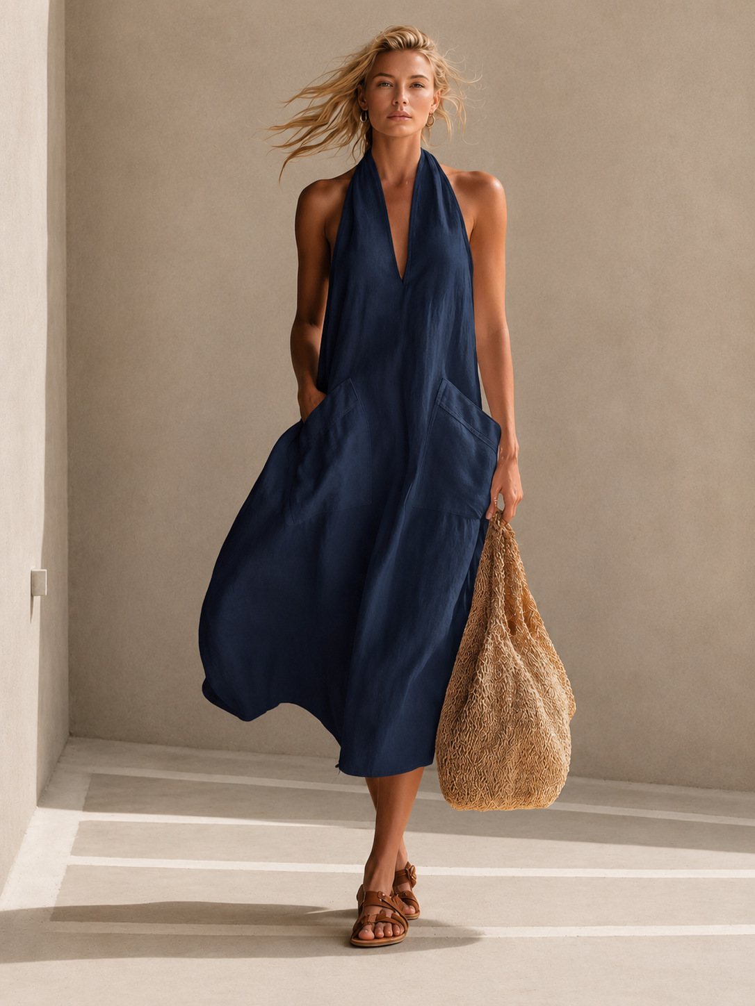Women's V-Neck Sleeveless A-Line Midi Dress with Patch Pockets