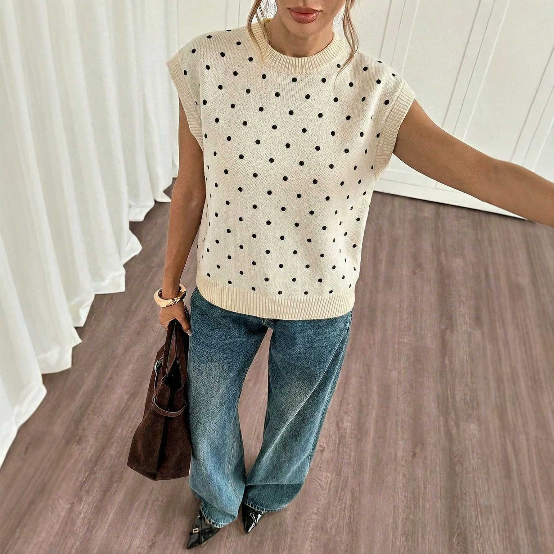 Women's Off-White Polka Dot Crewneck Knit Top Loose Drop-Shoulder Short-Sleeve Lightweight Sweater