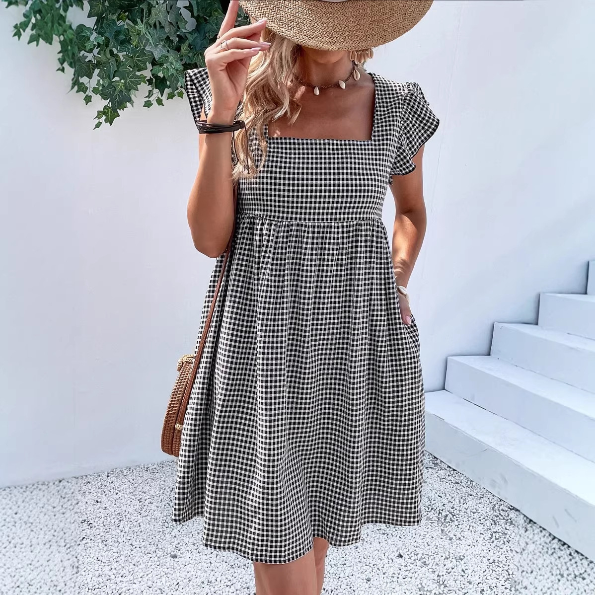 Ruffle Sleeve Square Neck Plaid High Waist Dress