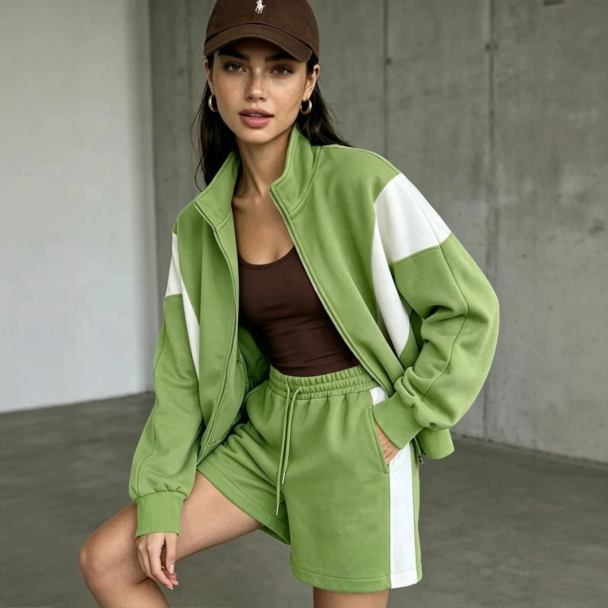 Women's Color-Block Zip-Up Cardigan and Shorts Two-Piece Set