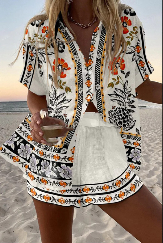 Women's Animal Print Short Sleeve Collared Top Set
