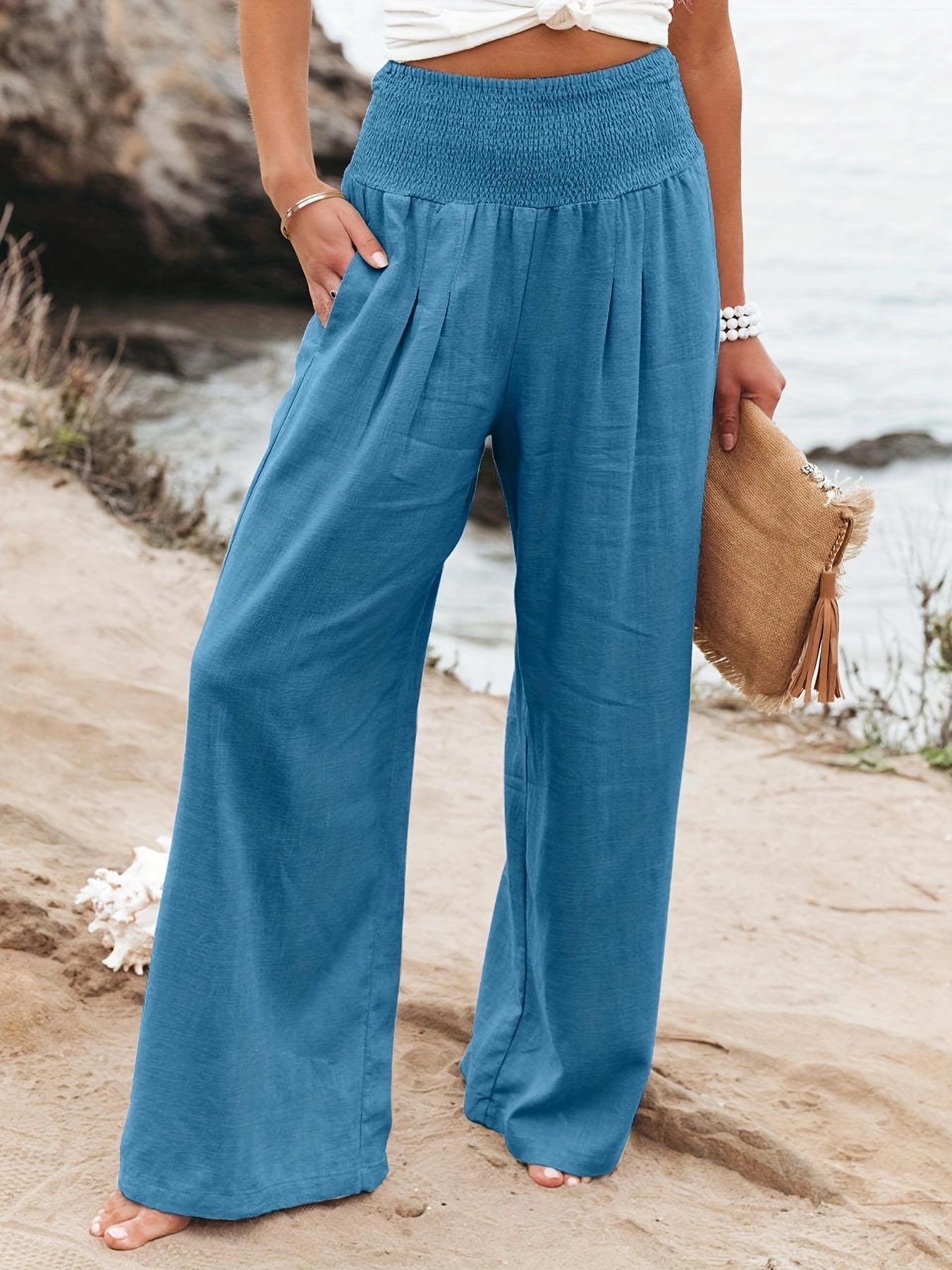 Women's Casual Cotton Distressed Mid-Rise Wide-Leg Pants