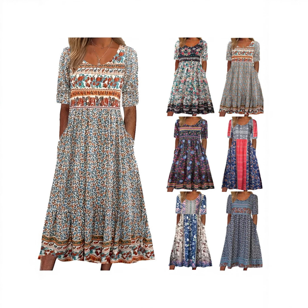 Women's Boho Floral Print Short Sleeve Midi Dress