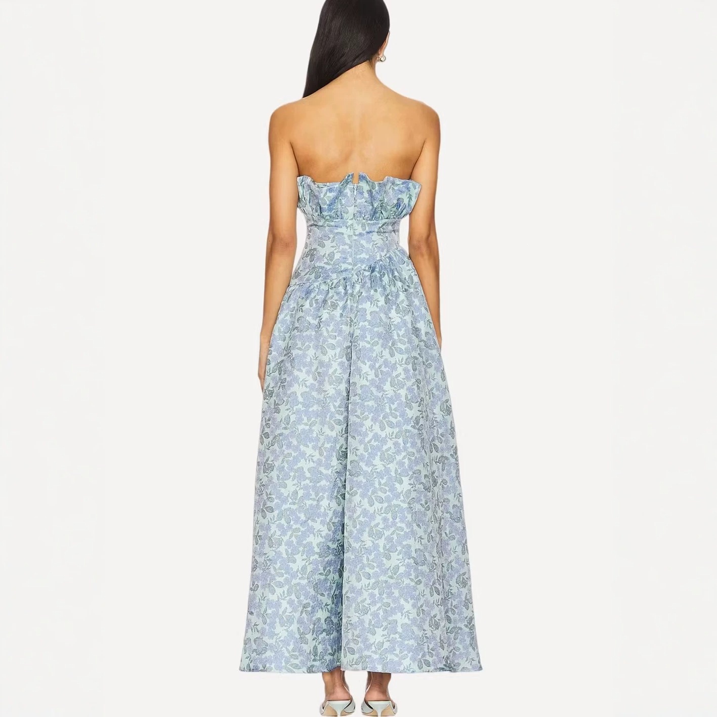 French-Style Strapless Floral High-Low Maxi Dress