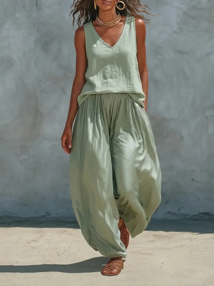 Women's Sleeveless Linen-Blend Shirt Set Casual Vacation Outfit