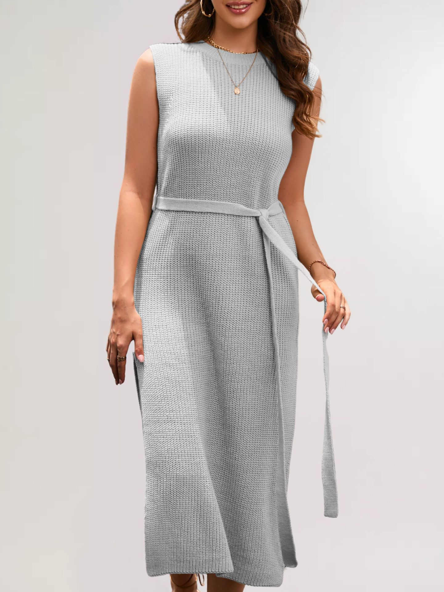 Solid Crewneck Knit Dress with Slit