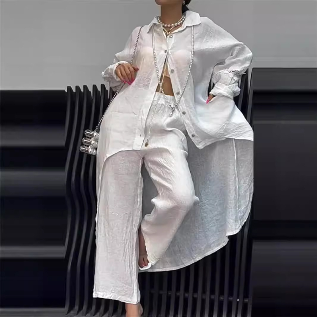 Women's Asymmetrical Hem Long Sleeve Top and Pants Set