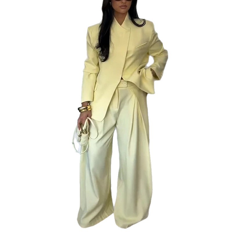 Women's Solid Color Blazer & Wide-Leg Pants Set
