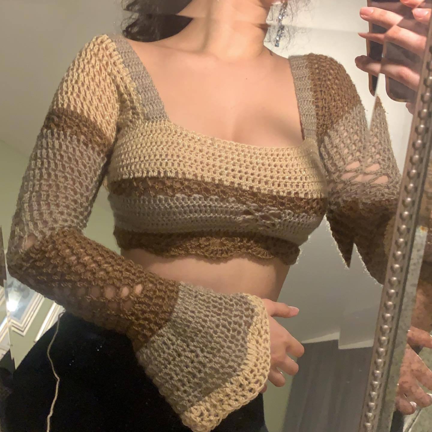 Women's Square Neck Colorblock Striped Hand Crochet Long Sleeve Knit Top