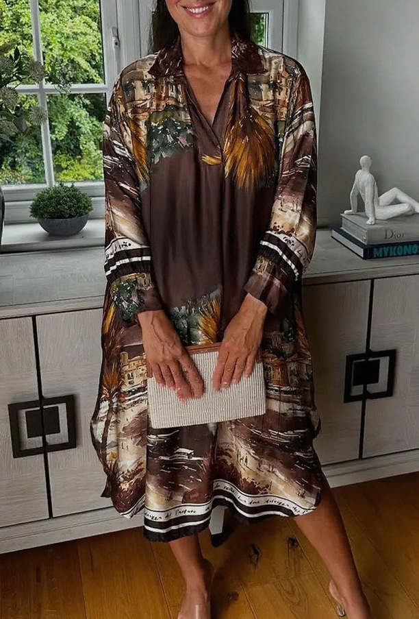 Women's Floral Print V-Neck Long Sleeve Loose Casual Dress