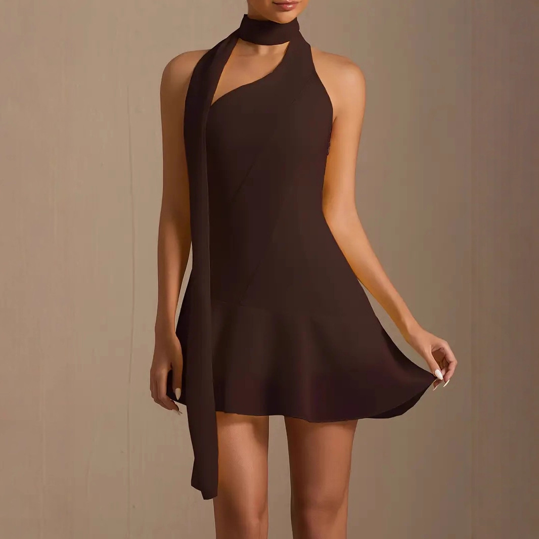 Tie-Neck Sleeveless Pleated Backless Bodycon Mini Dress