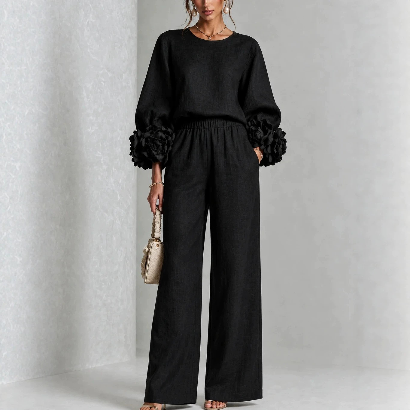 Women's Solid Color Floral Print Two-Piece Pants Set