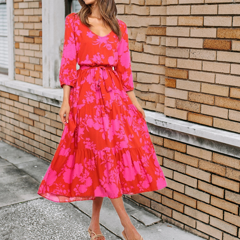 V-Neck Floral Print A-Line Maxi Dress