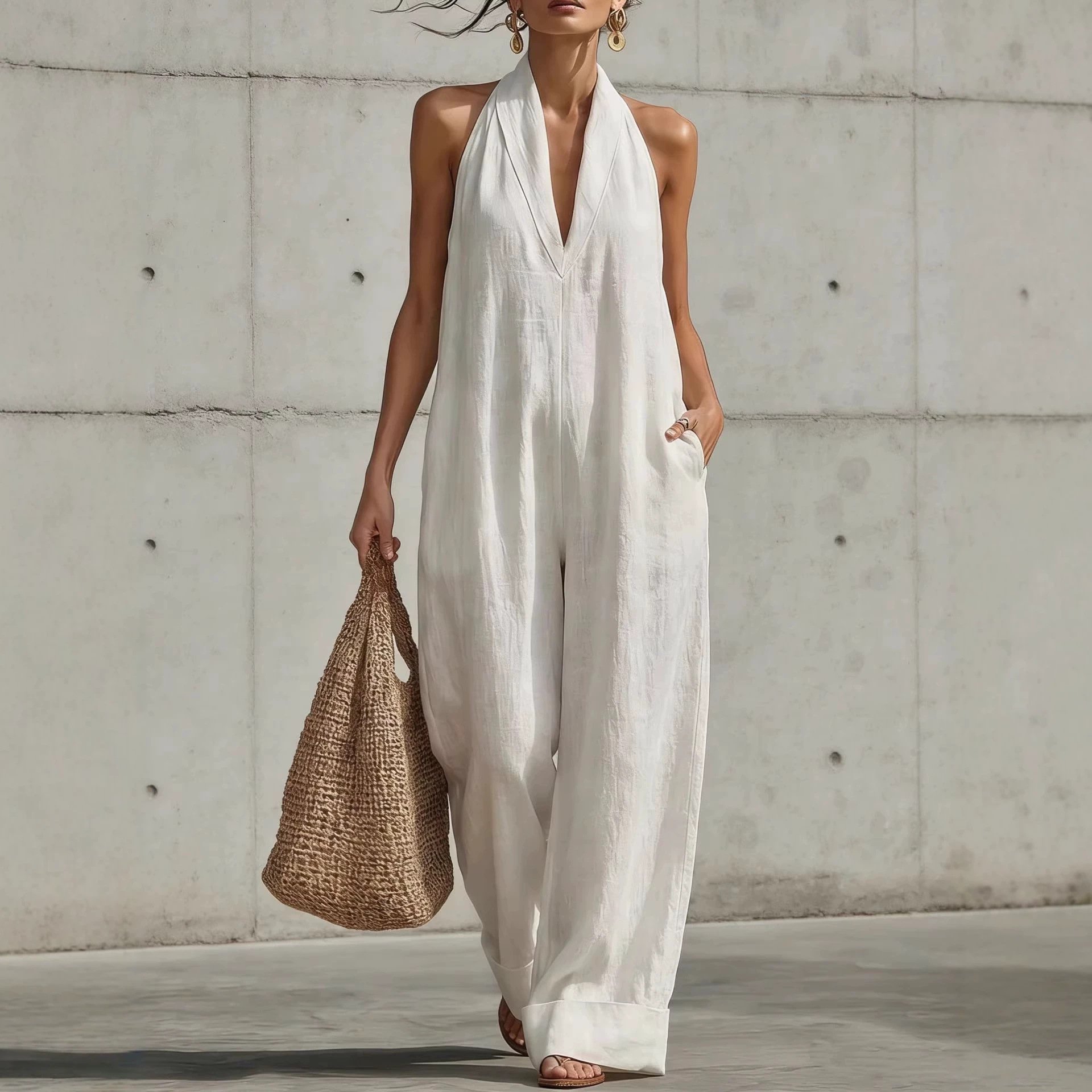 Cotton Linen Sleeveless Wide-Leg Jumpsuit Women Casual Minimalist