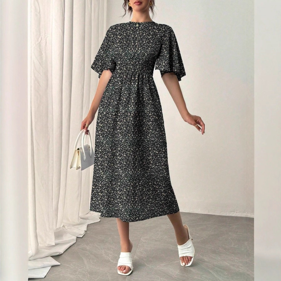 Women's Floral Pleated Midi Dress with Ruffle Sleeves and High Waist