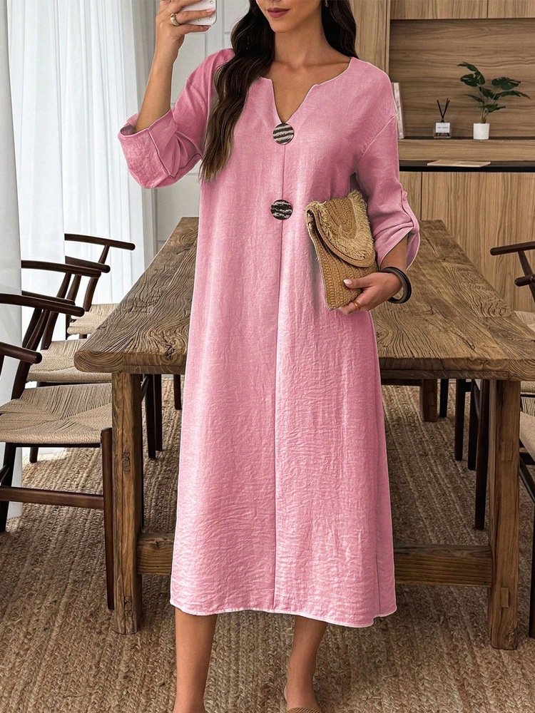 Women's Casual V-Neck Long Sleeve Cotton-Blend Solid Color Long Dress