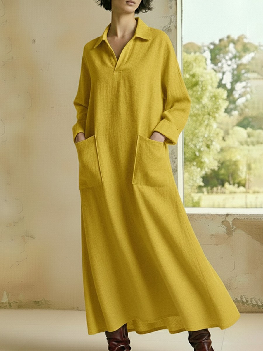 Solid Color Polo Collar Double Pocket Long Sleeve A-Line Maxi Dress